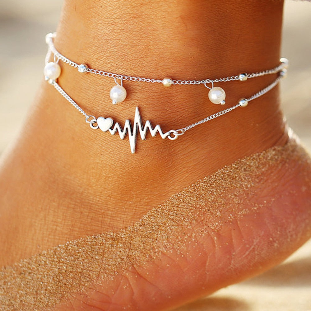 Ankle bracelet with heart ECG motif