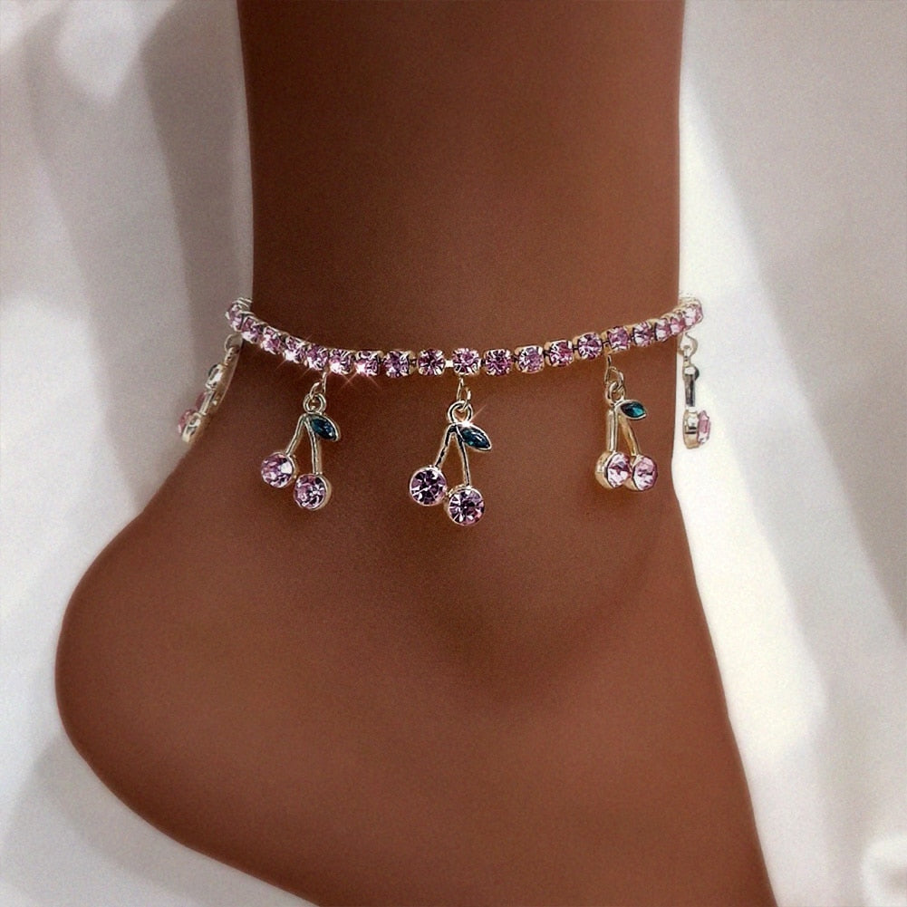 Ankle bracelet with zircons - cherries