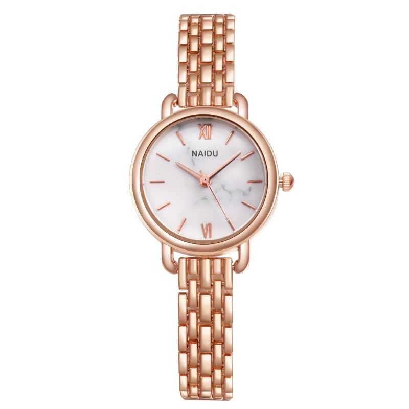 Elegant ladies watch on a bracelet with a stone motif.