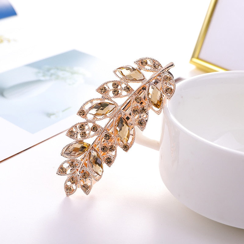 Hair clip with zircons - twig with leaves