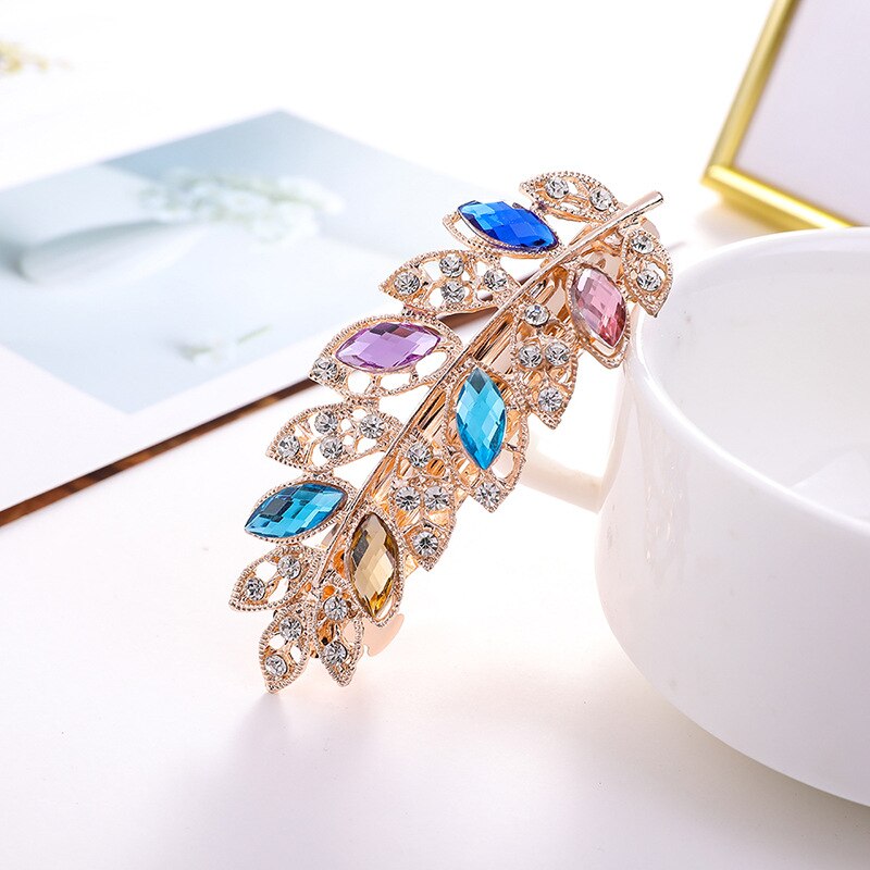 Hair clip with zircons - twig with leaves