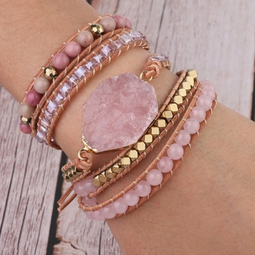 Leather bracelets with pink quartz